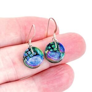 Vintage Sterling Silver 925 Dichroic Glass Round Dangle Earrings